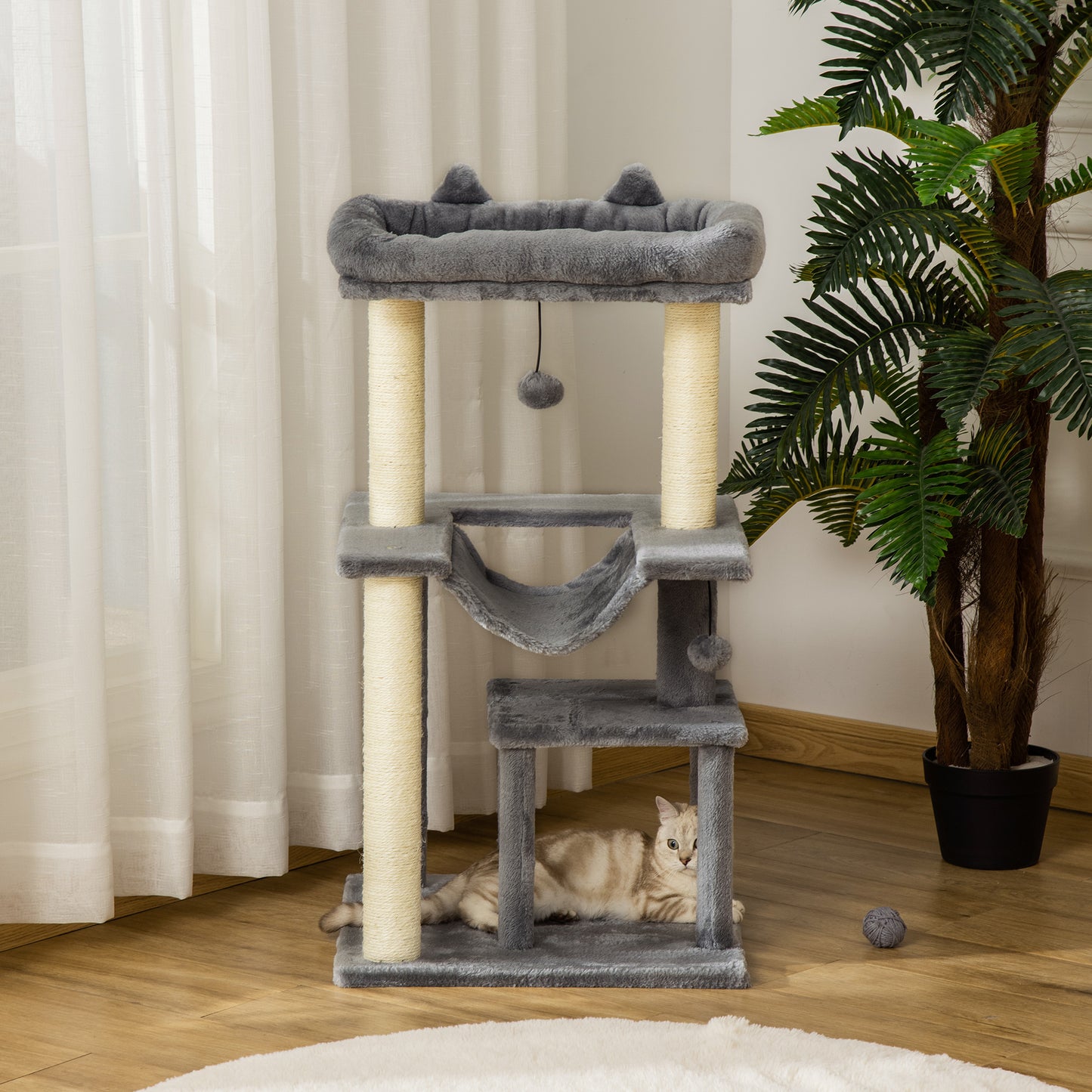 PawHut Katzenbaum 90 cm Kratzbaum mit Hängematte Spielbaum Katzenhöhle Plattformen Kletterbaum Katzenkratzbaum Aktivitätskratzbäum Plüsch Sisal Grau