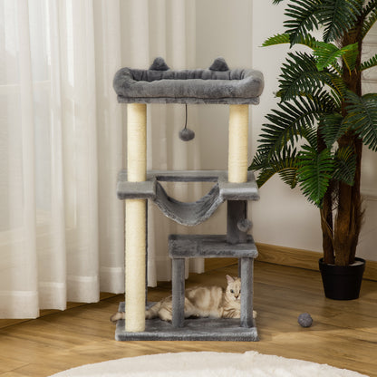 PawHut Katzenbaum 90 cm Kratzbaum mit Hängematte Spielbaum Katzenhöhle Plattformen Kletterbaum Katzenkratzbaum Aktivitätskratzbäum Plüsch Sisal Grau