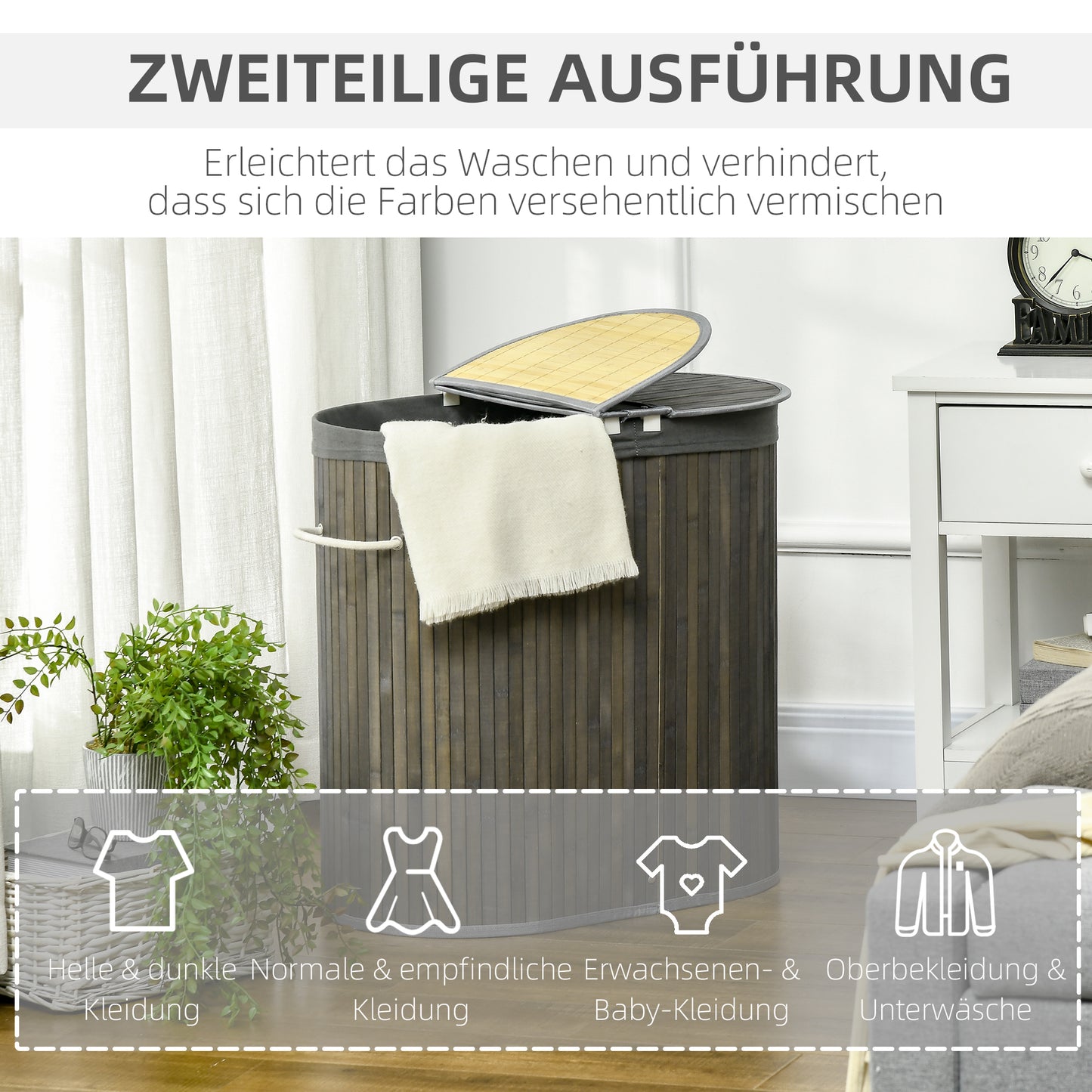 HOMCOM 100 L Wäschekorb mit Deckel, Griff, 2 Abschnitte, herausnehmbarer Wäschesack, für Schlafzimmer, Badezimmer, Bambus, Grau