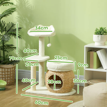 PawHut Kratzbaum mit Katzenhöhle, Spielball och Plattform, Schilfrohr/Sisal, bis 10 kg, 60 x 40 x 79 cm, Cremeweiß