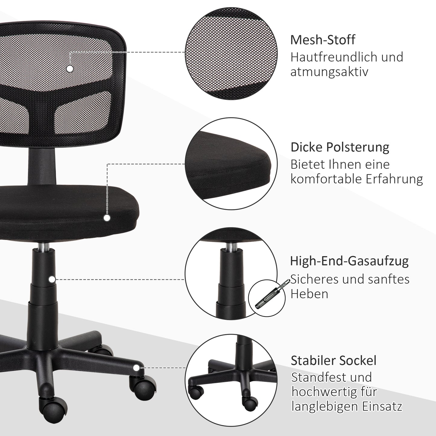 Vinsetto Bürostuhl Ergonomischer Schreibtischstuhl, Höhenverstellbarer Drehstuhl, Platzsparend Schwarz