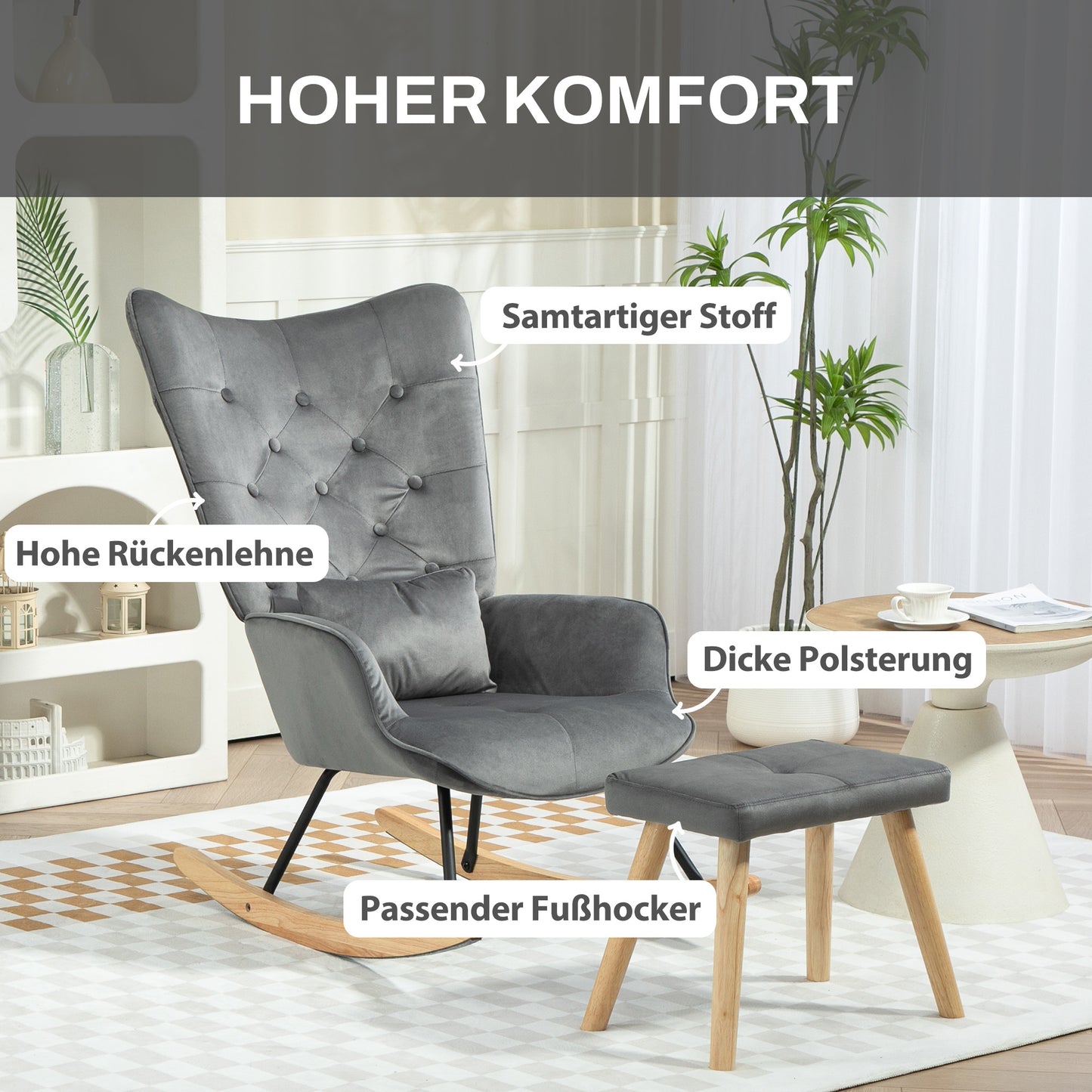 HOMCOM Akzentsessel mit Hocker, gepolstert, hohe Rückenlehne, Samtoptik, bis 150 kg, Dunkelgrau