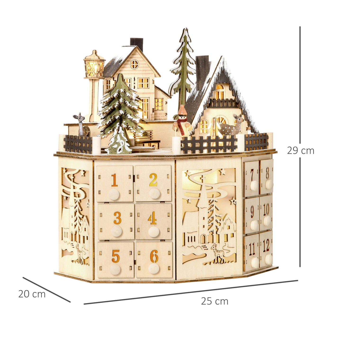 HOMCOM Adventskalender Adventskalenderbox Weihnachtsdekoration, LED-Lichter, 24 Schubladen, Natur