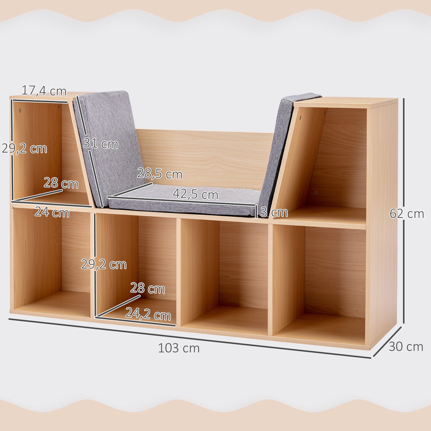 HOMCOM 2-in-1 Kinderregal Regal + Sitzbank inkl. Polster 103 cm × 30 cm × 62 cm Weiß + Grau