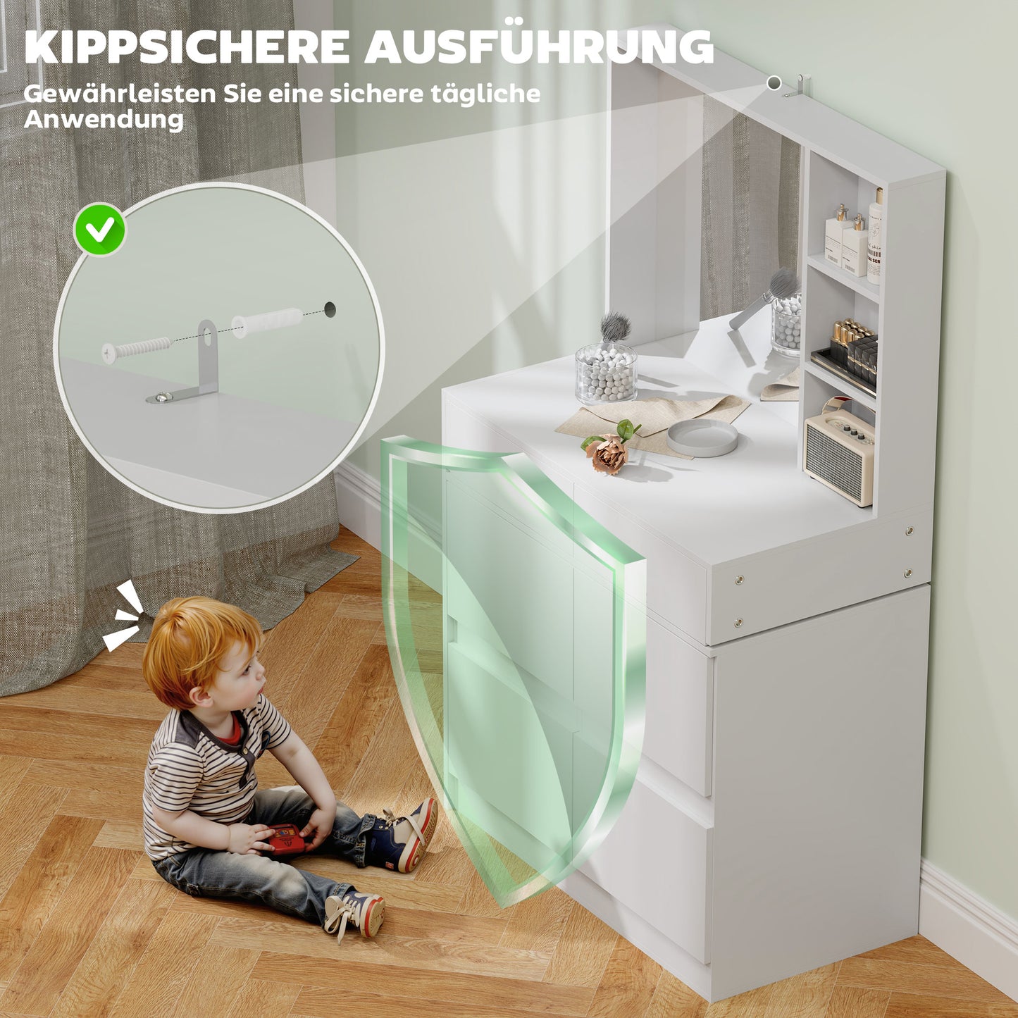 HOMCOM Schminktisch, Make-up-Tisch mit großem Spiegel, 4 Schubladen, 3 offene Fächer, 2 Schränke, MDF, Weiß