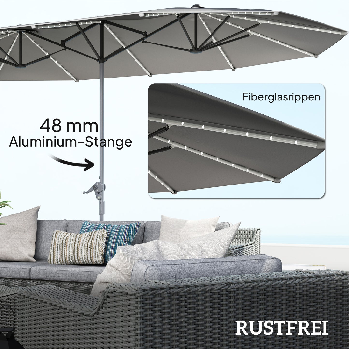Outsunny Doppelschirm mit Solar-Lichtern, Aluminium, Polyester, UPF50+ Schutz, UV-beständig, Terrassenschirm, Dunkelgrau