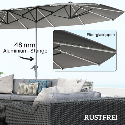 Outsunny Doppelschirm mit Solar-Lichtern, Aluminium, Polyester, UPF50+ Schutz, UV-beständig, Terrassenschirm, Dunkelgrau