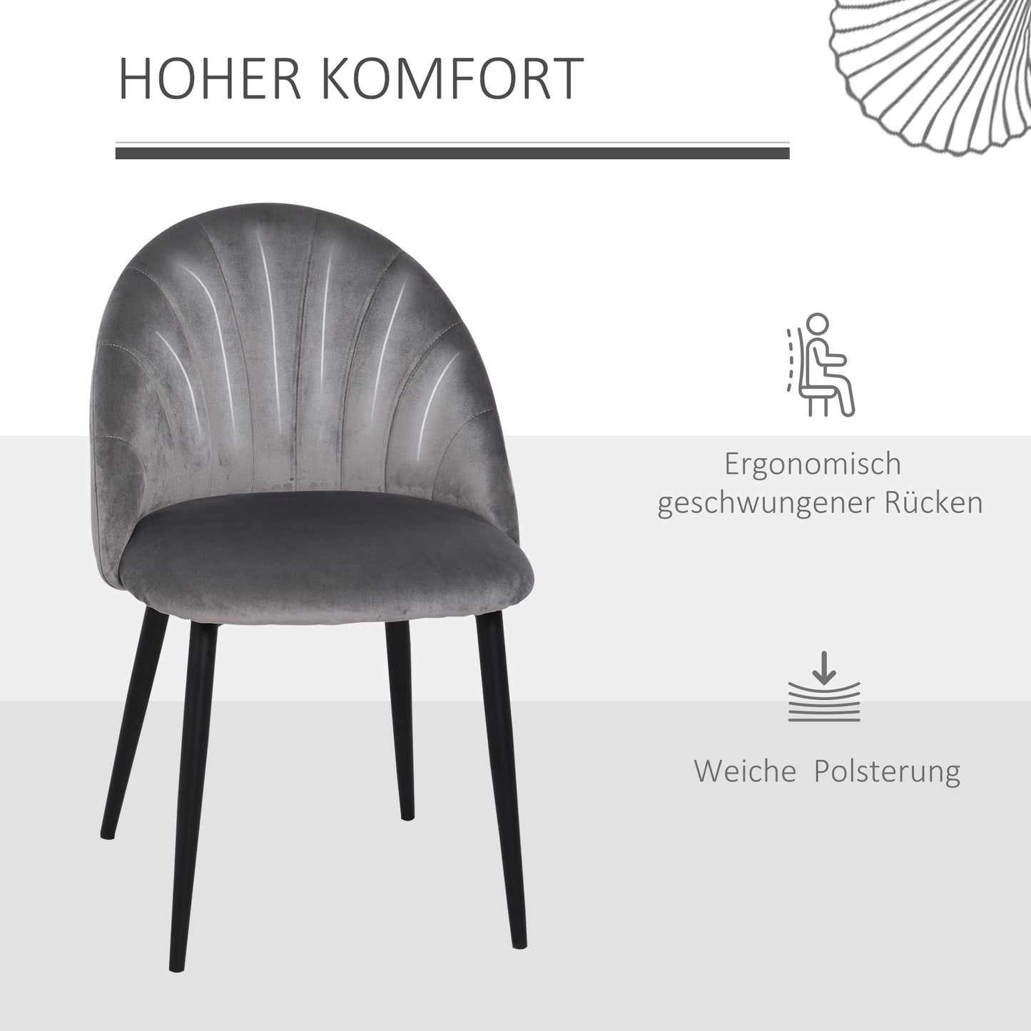 HOMCOM 2er-Set Esszimmerstühle Akzentstühle Küchenstühle, Retrodesign, Samtoptik, 52 cm x 54 cm x 79 cm, Grau
