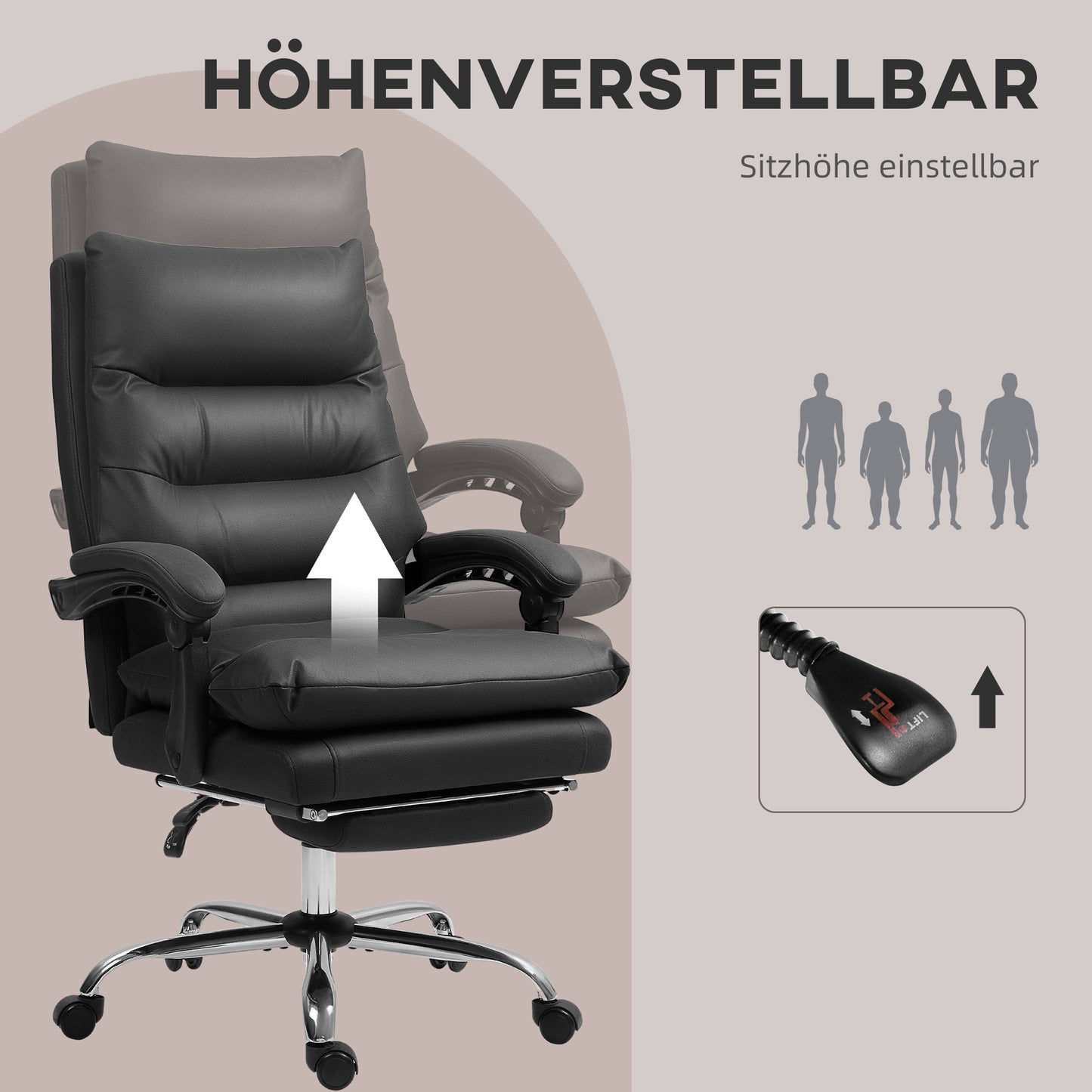 Vinsetto Bürostuhl med Massagefunktion, Beheizbar, Neigbar, Konstleder, 65x72x109-117cm, Schwarz