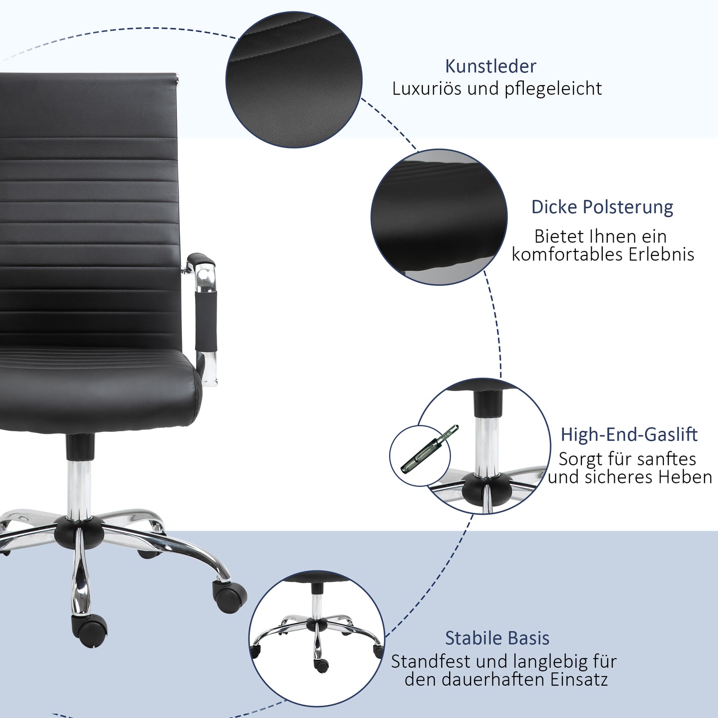 Vinsetto Bürostuhl ergonomisk Schreibtischstuhl med Wippfunktion Chefsessel höhenverstellbarer Drehstuhl gepolstert Konstledare Schaumstoff Schwarz 54 x 62 x 104-114 cm