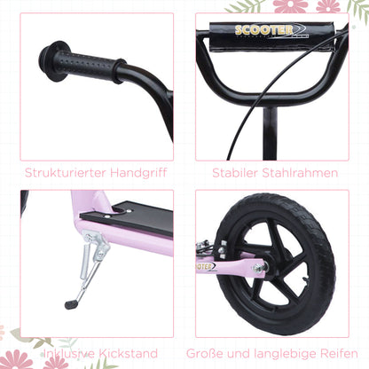 HOMCOM Tretroller, Scooter für Kinder, mit Handbremse, Ständer, 12 Zoll Räder, ab 5 Jahren, Stahl, Rosa 120 x 52 x 88 cm