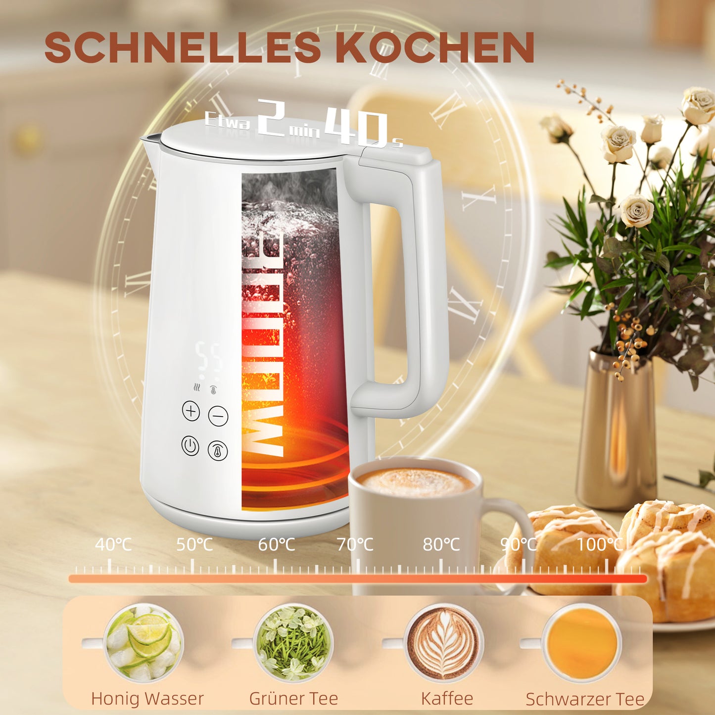HOMCOM Küchenset mit Wasserkocher und Toaster, 7 Bräunungsstufen, schnelles Kochen, Edelstahl, Kunststoff, Weiß