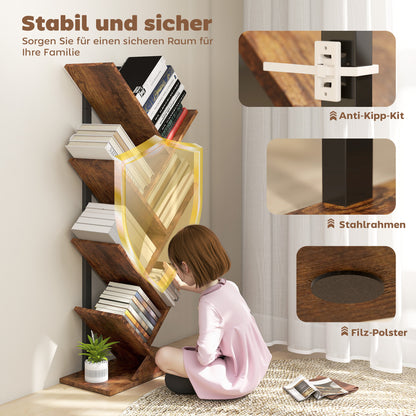 HOMCOM Bücherregal Standregal mit 7 Ebenen Schmal Regal im Baumform für Büro, Rustikal Braun