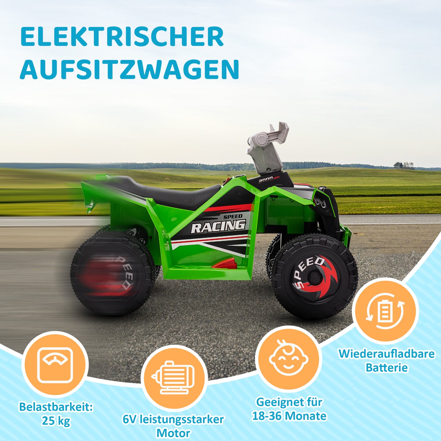 HOMCOM Elektro-Kinderquad, 2,5 km/h, Vorwärts- & Rückwärtsgang, für 18-36 Monate, Grün