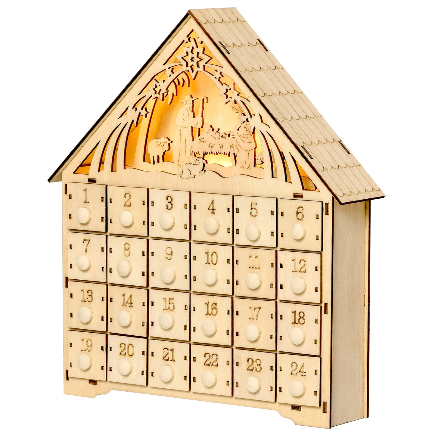 HOMCOM Adventskalender mit LED-Beleuchtung, 24 Schubladen, Krippenszene, 26,6x6x30 cm, Holzoptik