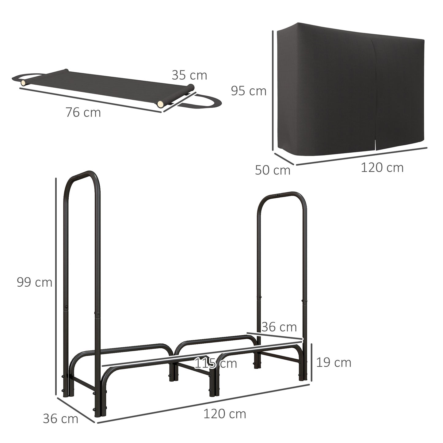 Outsunny Feuerholzgestell, 0,33 m³, mit Tragetasche & Abdeckung, Metallrahmen, bis 150 kg, 120 x 36 x 99 cm, Schwarz