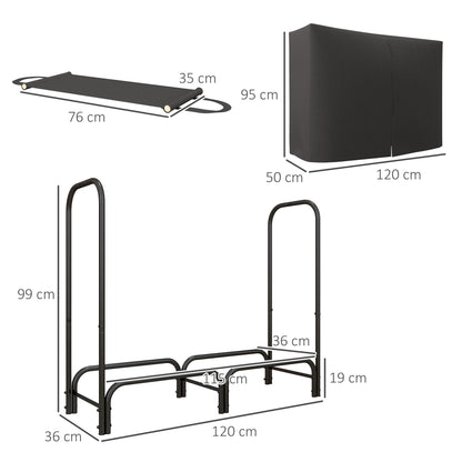 Outsunny Feuerholzgestell, 0,33 m³, mit Tragetasche & Abdeckung, Metallrahmen, bis 150 kg, 120 x 36 x 99 cm, Schwarz