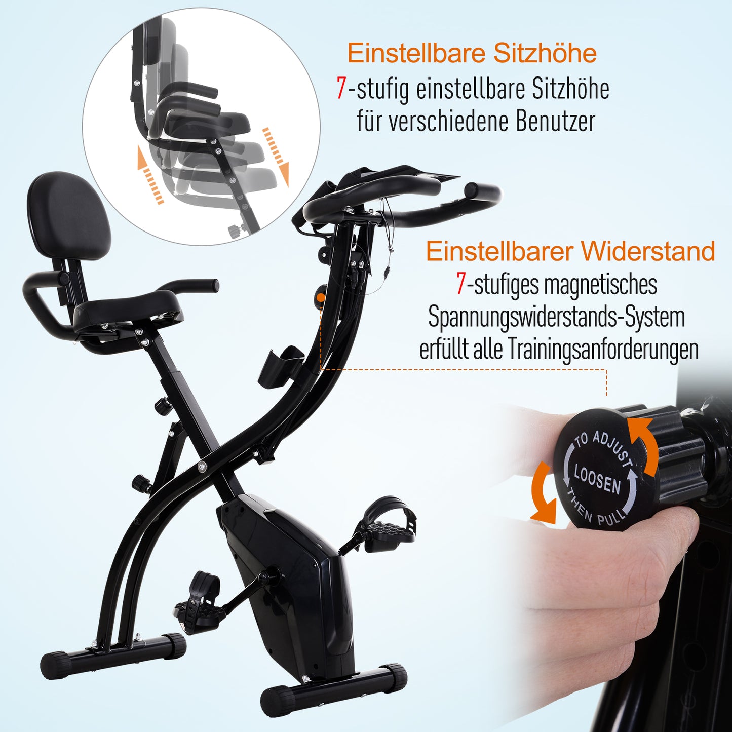 HOMCOM Heimtrainer X-Bike 2-in-1 Fahrradtrainer mit LCD-Display,Pulsmesser, klappbarer Hometrainer Trimmrad mit 8 stufig Magnetwiderstand, 1 Paar Spannseil, Stahl Schwarz 105x48x118 cm