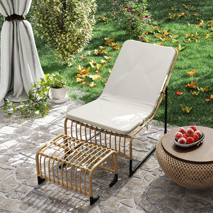 Outsunny Rattan Relaxsessel med Fußhocker UV-beständig Gartensessel mit Kissen Bänder 65 x 93 x 80 cm Naturholz