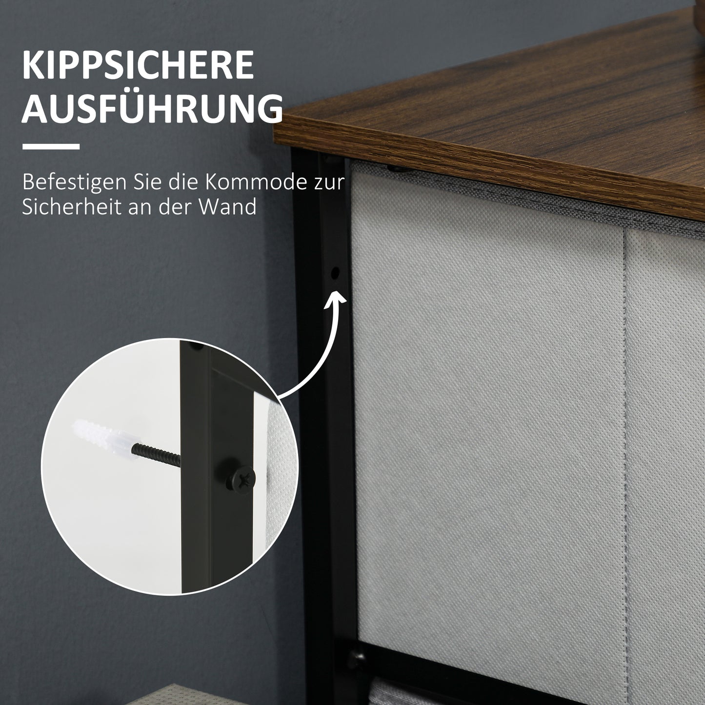 HOMCOM Kommode mit 5 Schubladen aus Stoff Aufbewahrungsschrank mit Griffen 45 x 30 x 116 cm Grau