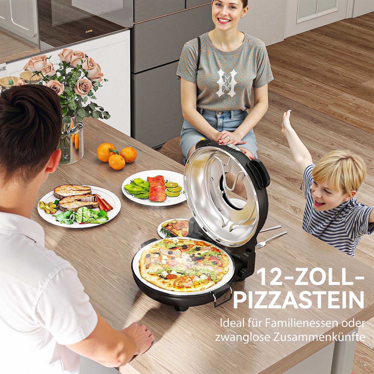 HOMCOM Pizzaofen elektrisch 430 ℃, 1200 Watt Pizzabäcker mit 30cm Steinplatte Timer Sichtfenster Edelstahl Schwarz
