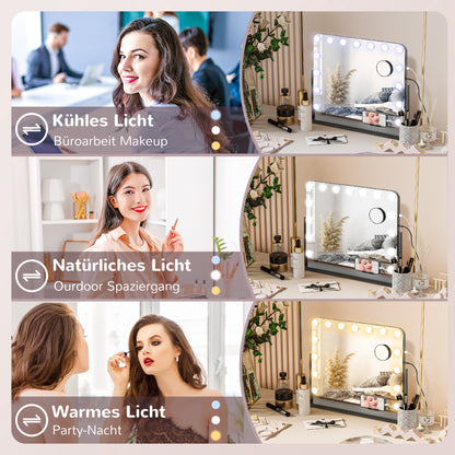 HOMCOM LED Kosmetikspiegel, 3 Lichtmodi, dimmbar, Touchsteuerung, USB, 62,5x49,5cm, Schwarz