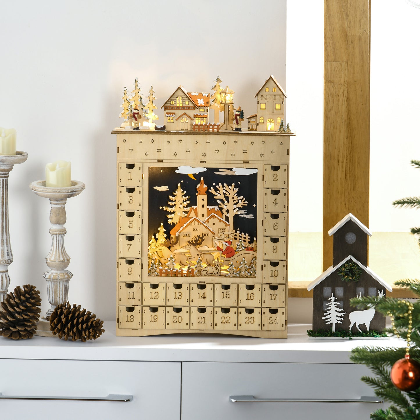 HOMCOM Adventskalender zum Befüllen 24 Schubladen Fächer Weihnachtskalender mit LED-Lichtern Naturholz 36 x 9 x 52 cm