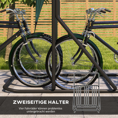DURHAND Fahrradständer für 4 Fahrräder, wetterbeständig, zusätzliche Halterung, 102 x 92 x 130 cm, Schwarz