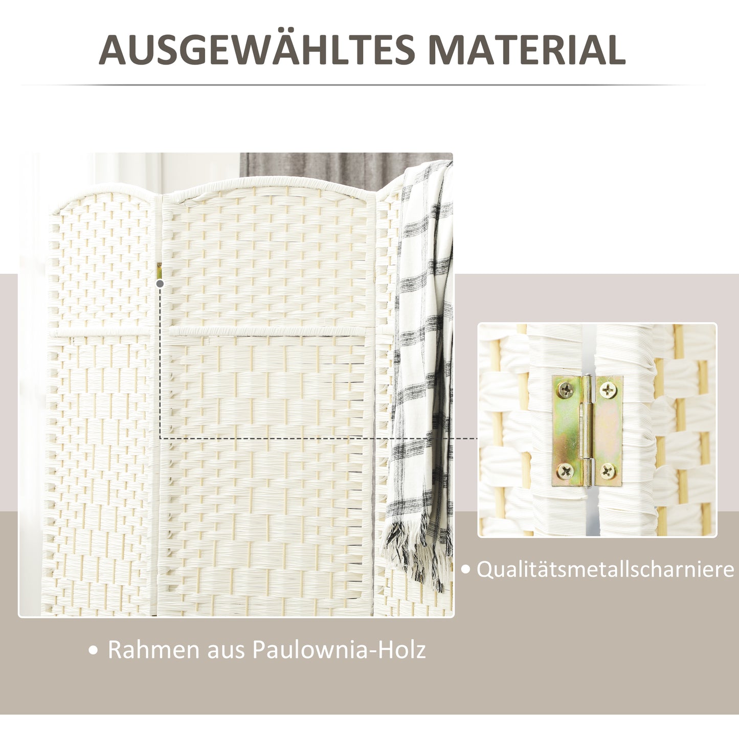 HOMCOM Raumteiler, 4-teilig faltbare Trennwand, Geflechtmuster, Kiefernholz, Weiß