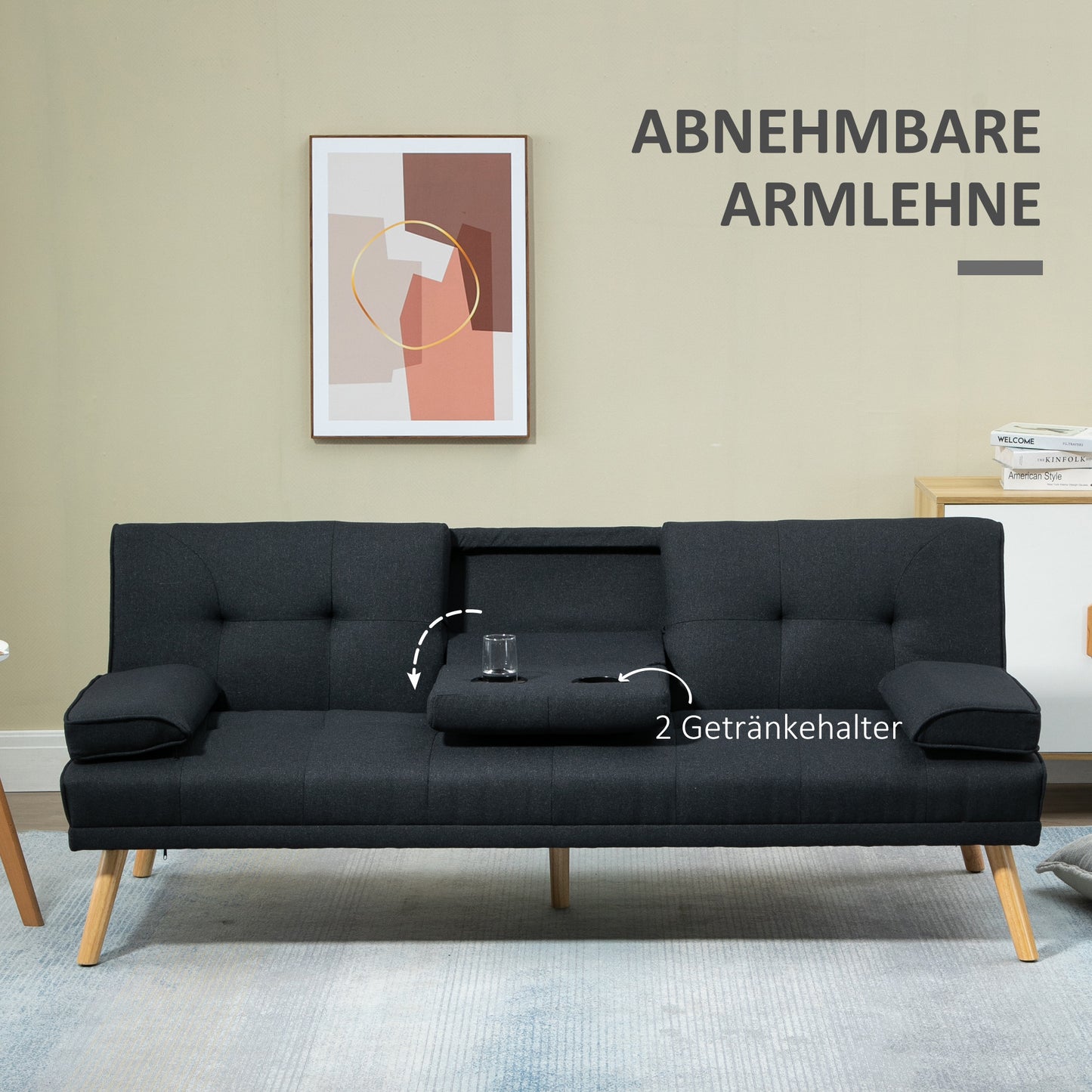 HOMCOM Schlafsofa, Gästebett, verstellbare Rückenlehne, klappbarer Tisch, 181x77x78 cm, Schwarz