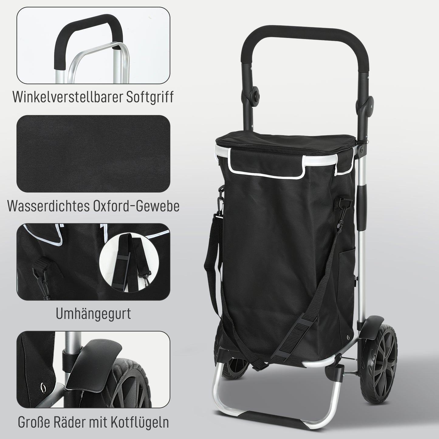 HOMCOM 3-in-1 Einkaufstrolley klappbar mit 40L Kapazität belastbar Trolley bis 25kg mit Kühlfach Schwarz