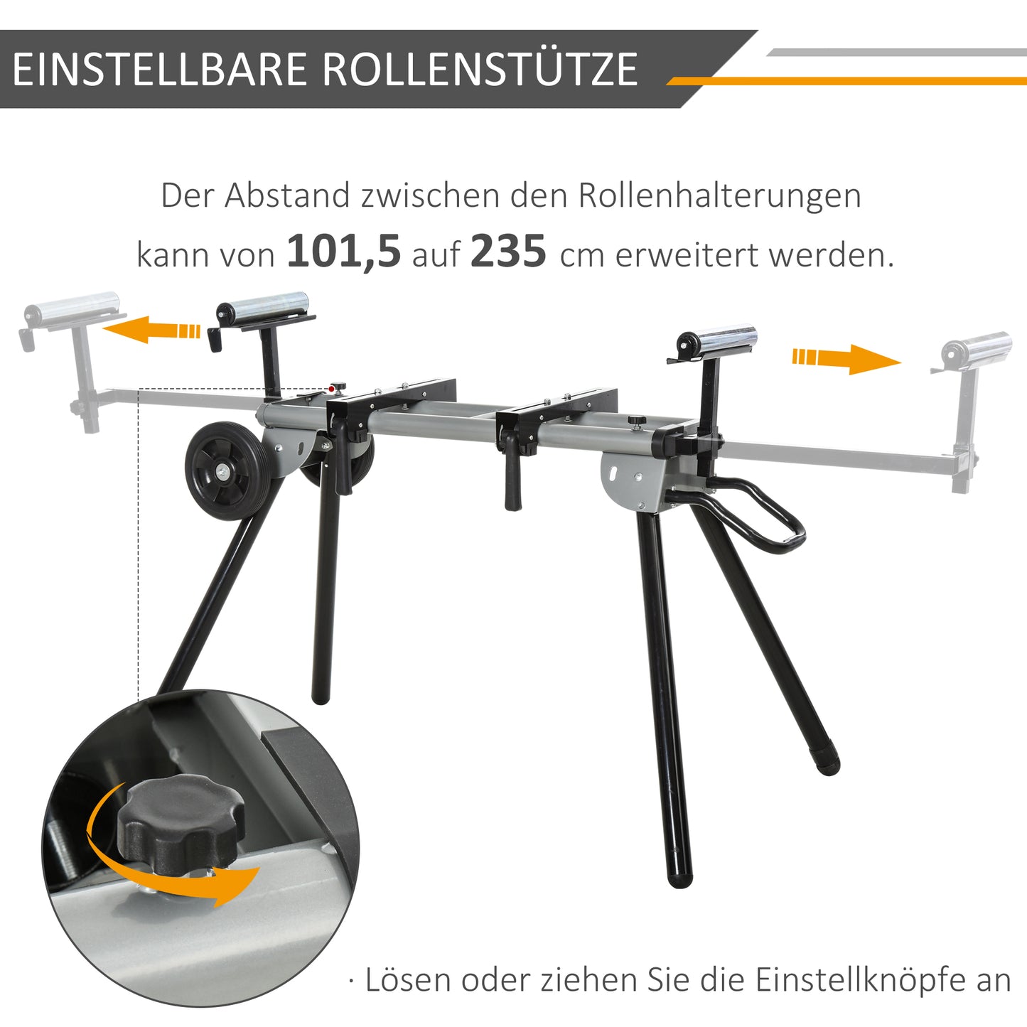 DURHAND Untergestell für Kappsägen Arbeitstisch für Kapp- und Gehrungssägen Sägengestell Kappsäge Stahl Schwarz+Silber Seitenverlängerung 123,5-245 cm