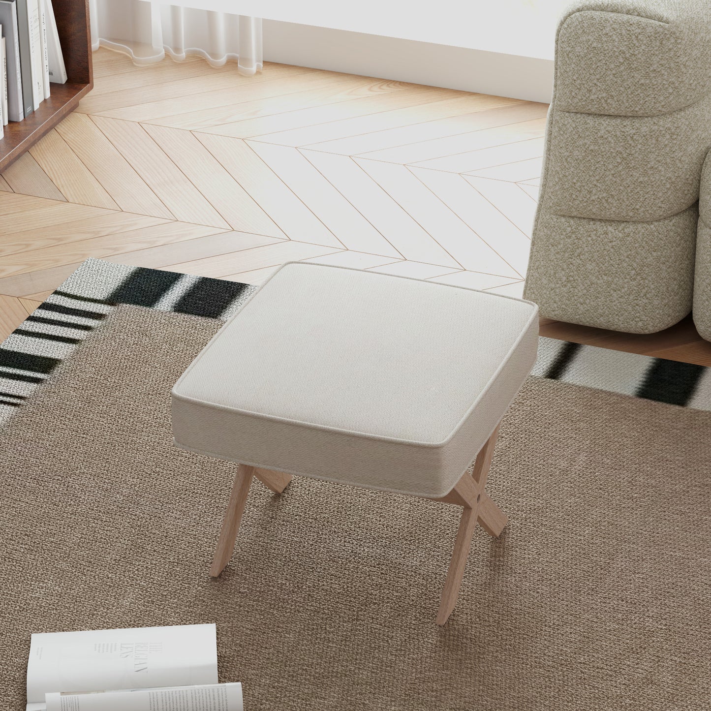 HOMCOM Moderner Fußhocker, Gepolsterter Hocker mit weichem Sitz, Kautschukholzbeine, für Wohnzimmer, Schlafzimmer, Beige
