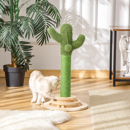 PawHut Katzen Kratzbaum Kaktus Katzenbaum Kiefernholz Sisal Seil Kratzstamm mit Holzkugel-Katzenspielzeug für Katzen 60 cm Hoch Grün+Natur