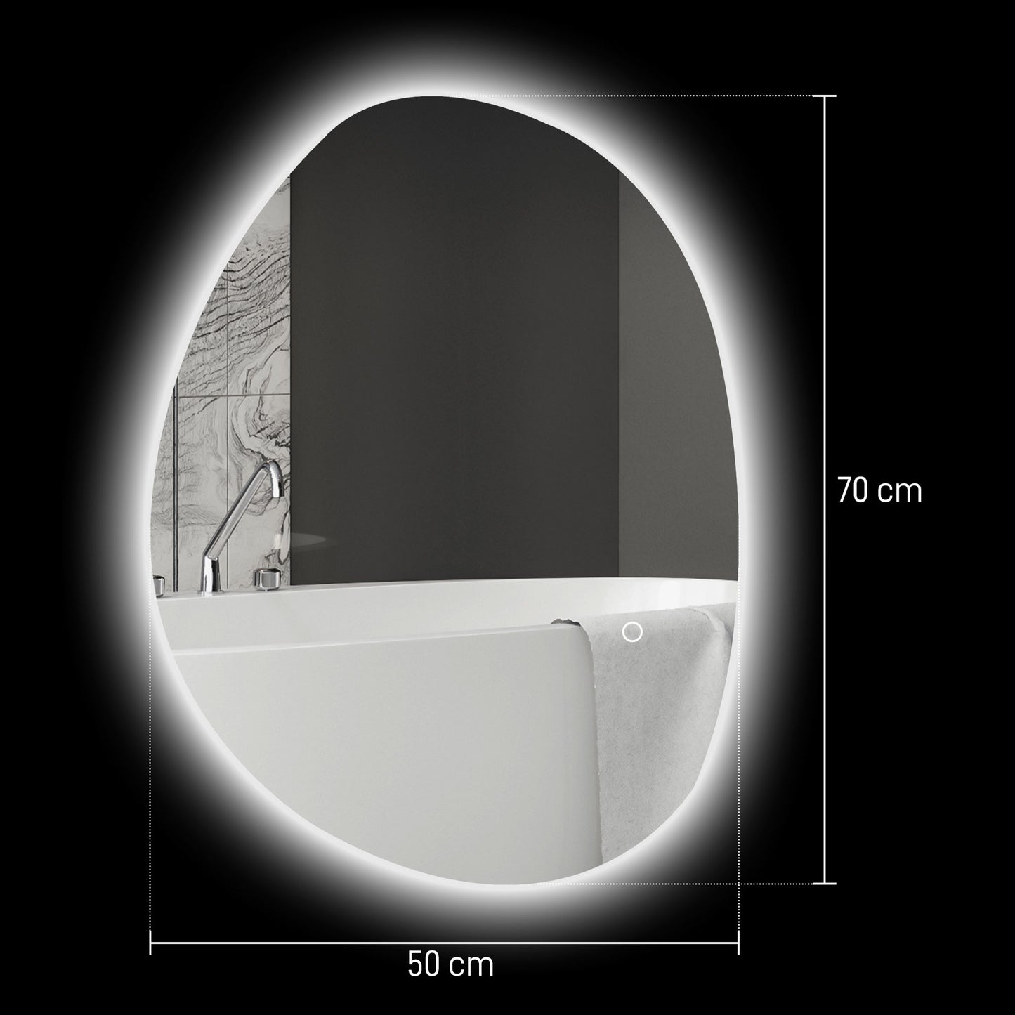 HOMCOM 70 x 50 cm Asymmetrischer Badspiegel mit LED-Licht, Smart Touch Schalter, Anti-Beschlag-Funktion, Silber