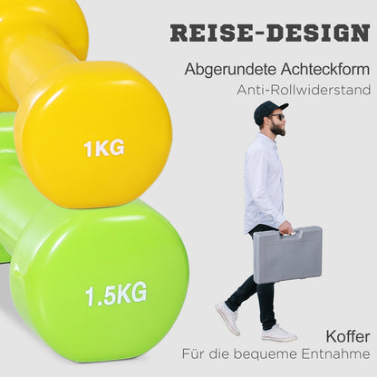 HOMCOM Hantelset 4 Hantelpaare mit Koffer 0,5 kg/1 kg/1,5 kg/2 kg Eisen+Kunststoff Rot Gelb Grün Lila