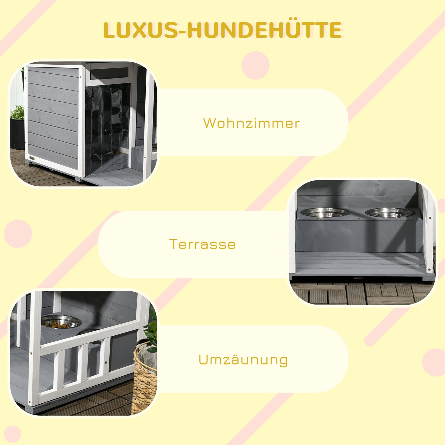 PawHut Hundehütte aus Massivholz, mit 2 Fressnäpfen, Veranda, wetterbeständig, 103 cm x 62 cm x 66 cm, Grau + Weiß