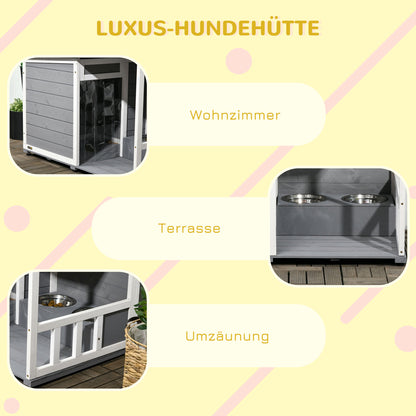 PawHut Hundehütte aus Massivholz, mit 2 Fressnäpfen, Veranda, wetterbeständig, 103 cm x 62 cm x 66 cm, Grau + Weiß