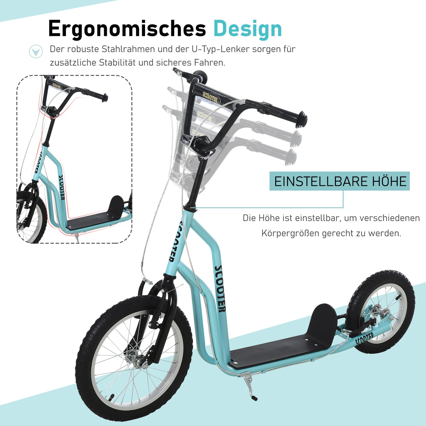 HOMCOM Kinderroller ab 5 jahre Scooter Tretroller Cityroller Kinder Roller Kickboard mit Luftreifen16/12 Zoll Blau 135 x 58 x 88-94 cm