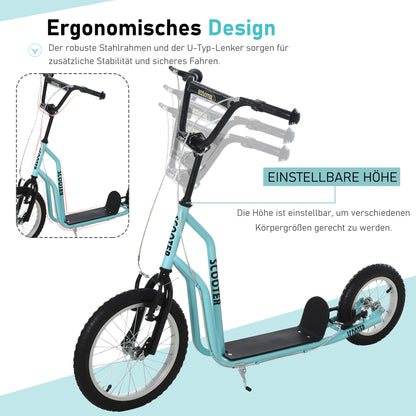 HOMCOM Kinderroller ab 5 jahre Scooter Tretroller Cityroller Kinder Roller Kickboard mit Luftreifen16/12 Zoll Blau 135 x 58 x 88-94 cm