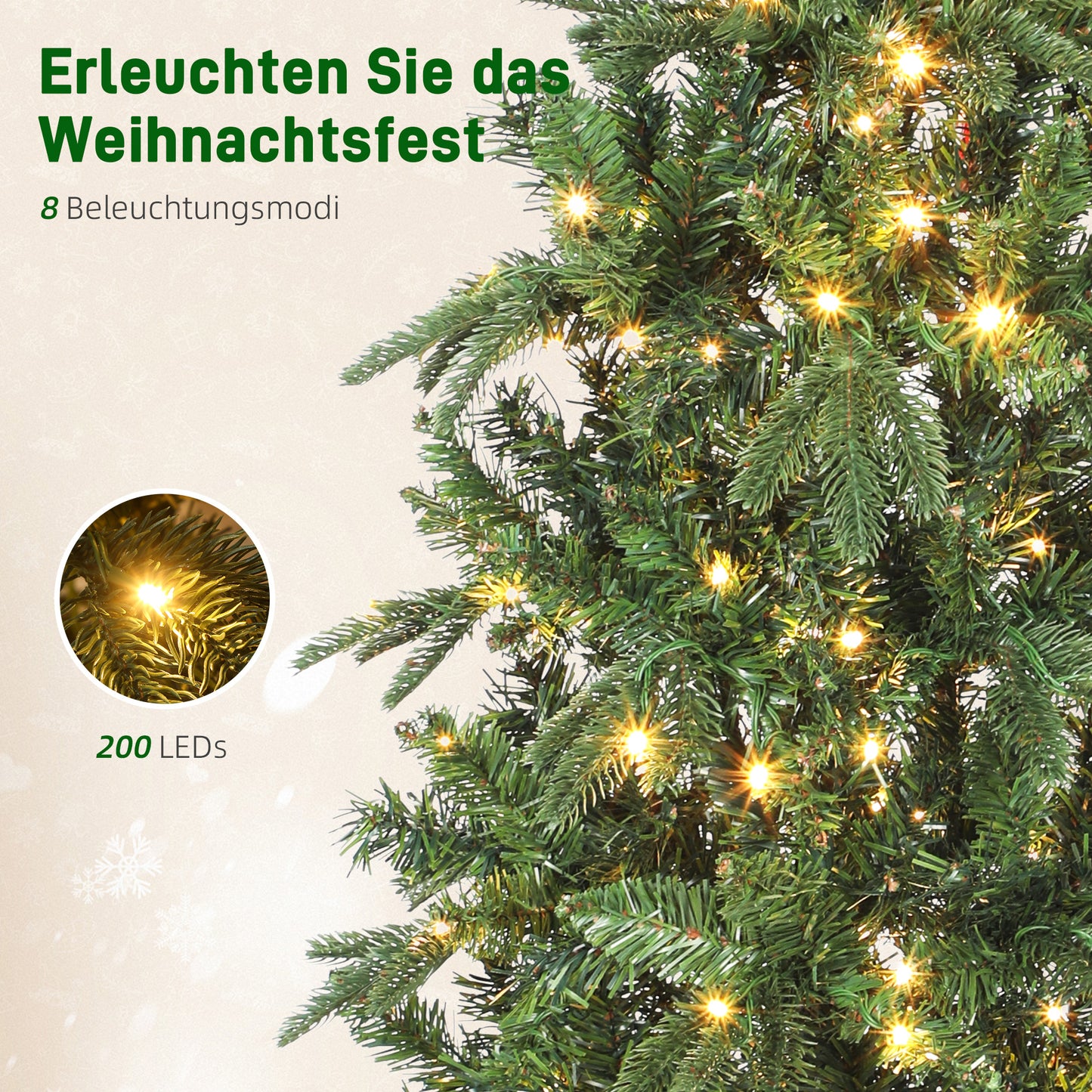 HOMCOM Weihnachtsbaum künstlich 180 cm Christbaum mit 605 dichten Zweigen, 200 warmweiß LED Indoor
