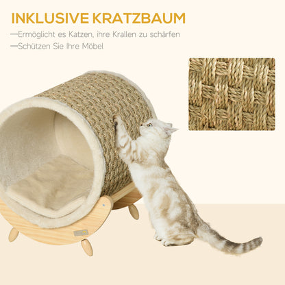 PawHut Katzenhöhle mit Kratzfläche inkl. Kissen, Kratztonne, 41 cm x 38 cm x 43 cm, Natur + Beige