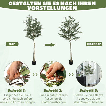 HOMCOM Kunstpflanze, Künstlicher Olivenbaum, 180 cm, 900 Blätter, 40 Oliven, stabiler Blumentopf, Dekorationspflanze, Grün