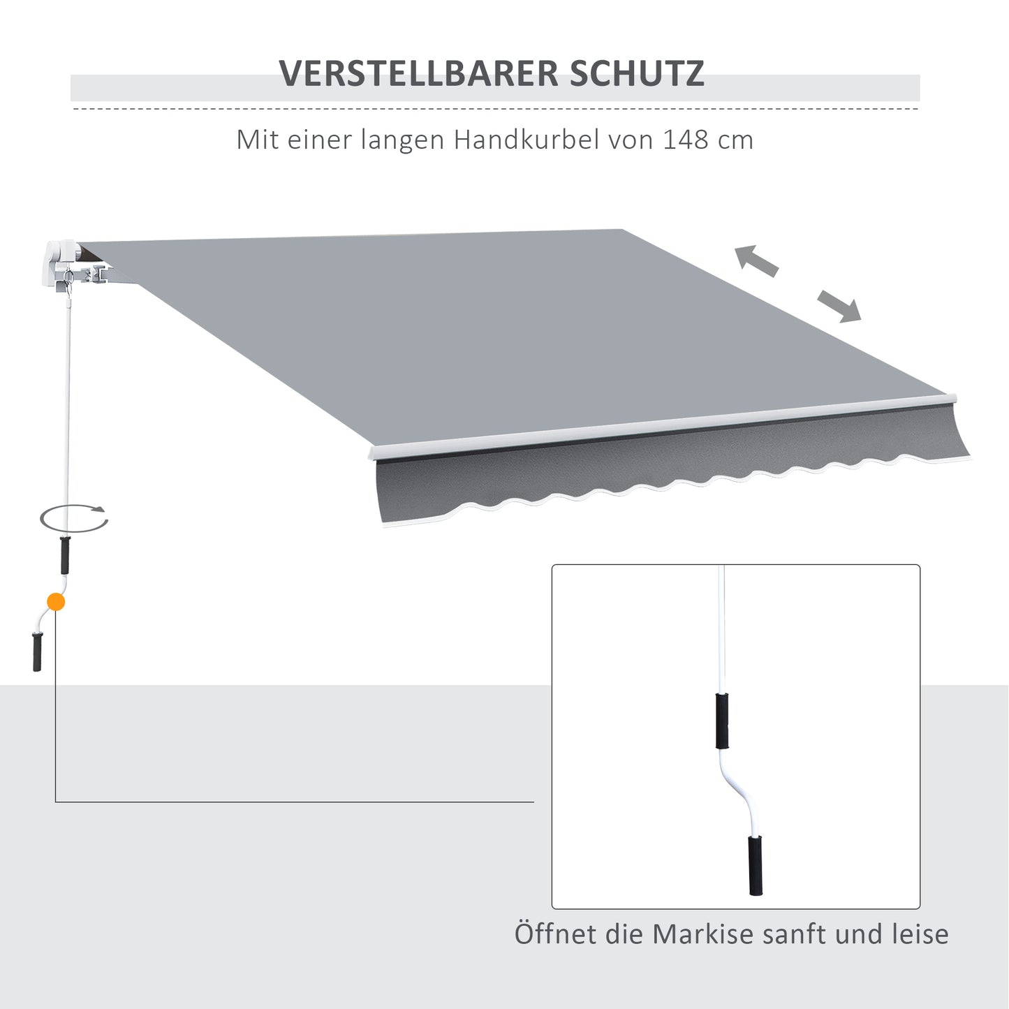 Outsunny Markise, 3,95 x 2,45 m, Sonnenschutz, einfahrbar, mit Handkurbel, Metallrahmen, Polyester, Grau/Weiß