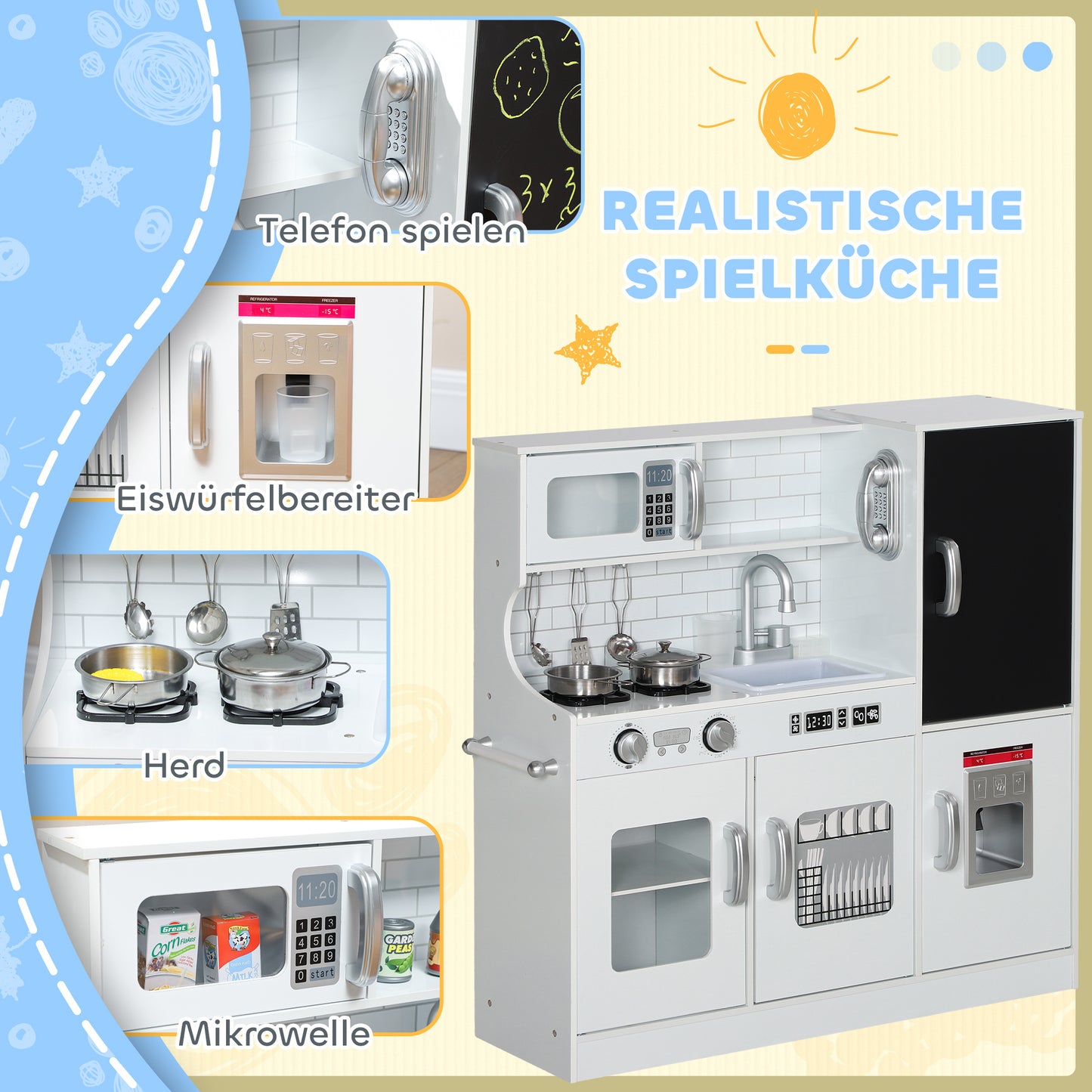 AIYAPLAY Kinderküche, Spielküche mit Telefon, Kreidetafel, Mikrowelle, Herd, Spüle, Zubehör, Eiswürfelmaschine, 3-8 Jahre, Weiß
