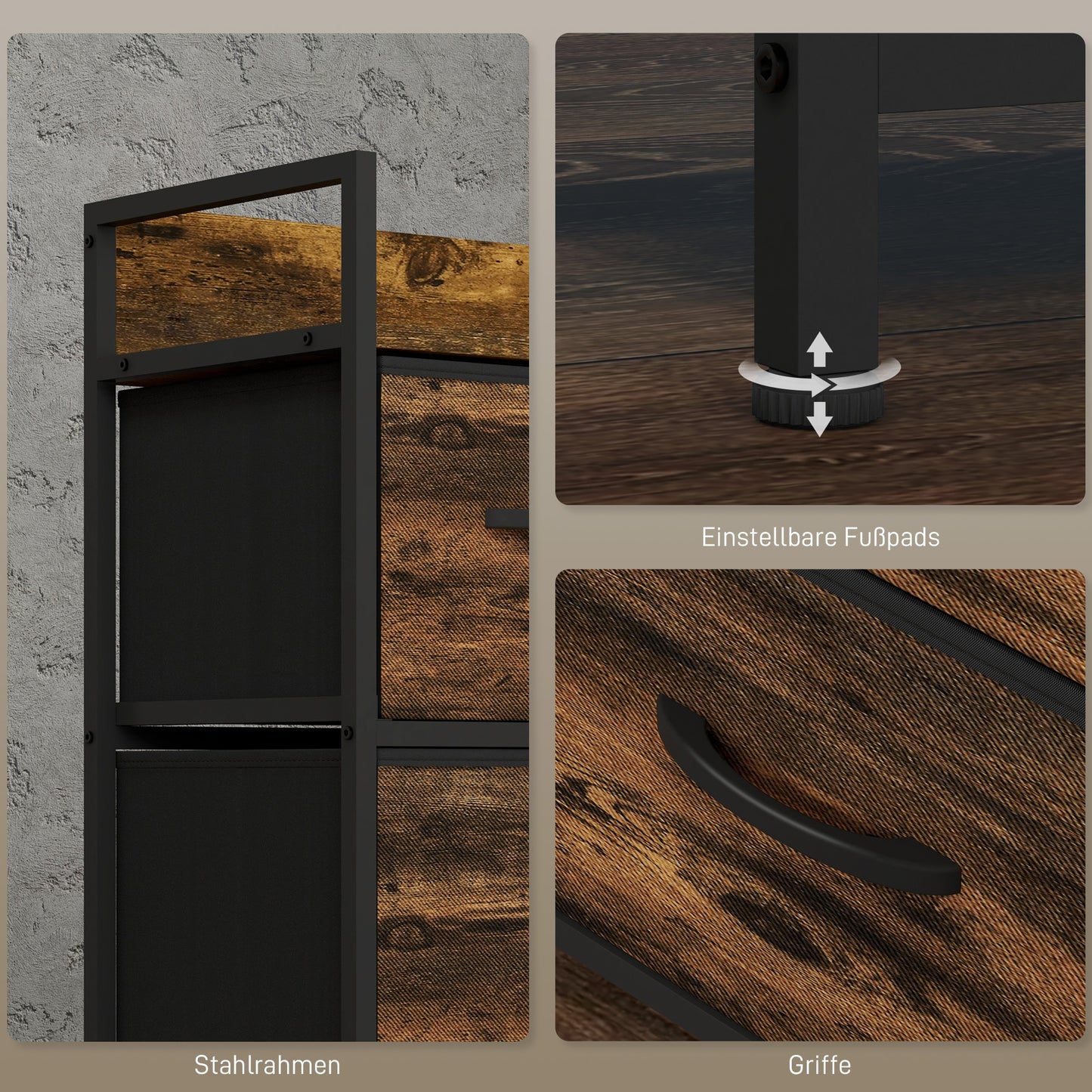 HOMCOM Kommode mit faltbaren Stoffschubladen, Melaminholz, Stahlrahmen, Braun