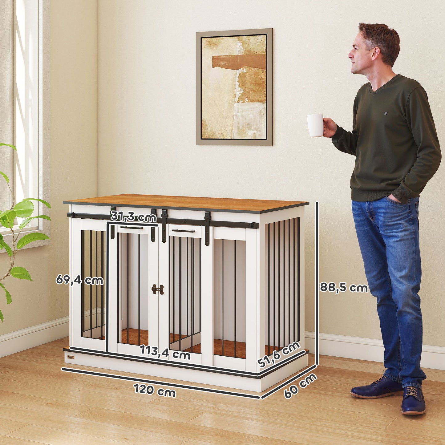 PawHut Hundekäfig mit 2 Türen, Hundebox, Transportbox für Hunde, rustikales Design, verriegelbar, Weiß