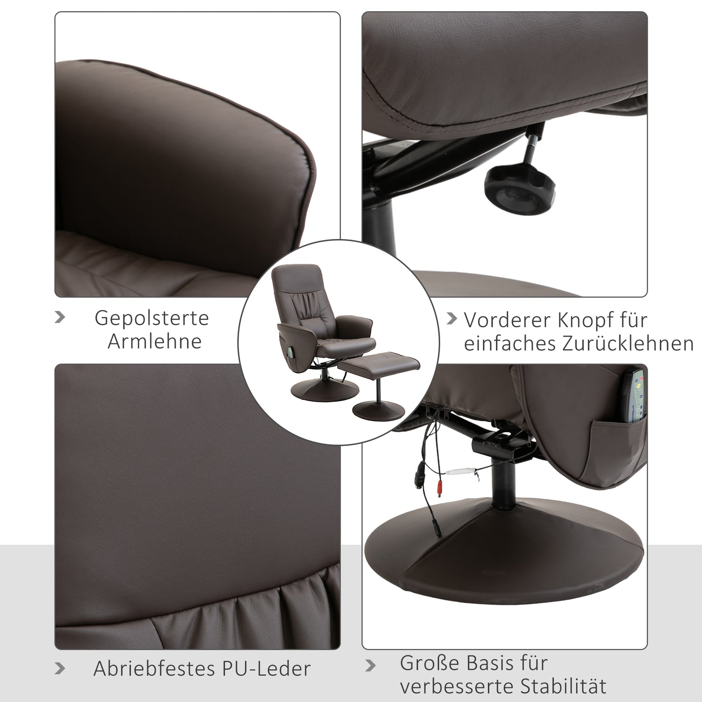 HOMCOM Relaxsessel mit Hocker, drehbarer Fernsehsessel mit 10 Massagepunkte, Liegefunktion, Massagesessel mit Fernbedienung, Seitentasche, TV-Sessel, Kunstleder, Braun