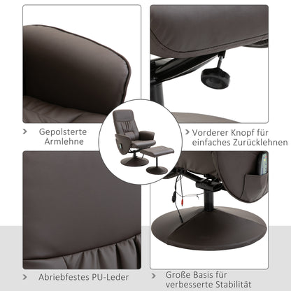 HOMCOM Relaxsessel mit Hocker, drehbarer Fernsehsessel mit 10 Massagepunkte, Liegefunktion, Massagesessel mit Fernbedienung, Seitentasche, TV-Sessel, Kunstleder, Braun