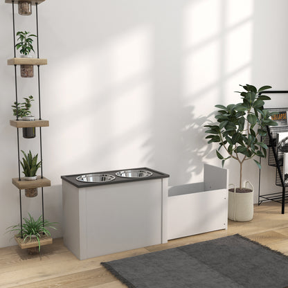 PawHut Futterstation Erhöhte Fressnäpfe 1 Staurum 2 Edelstahl-Futternäpfe, 60 x 30 x 42cm, Weiß + Grau